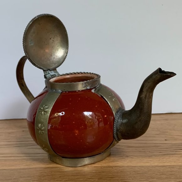 VTG Mini Teapot Moroccan Brass Ceramic Boho Decor Tea Kettle Bohemian - Picture 4 of 5